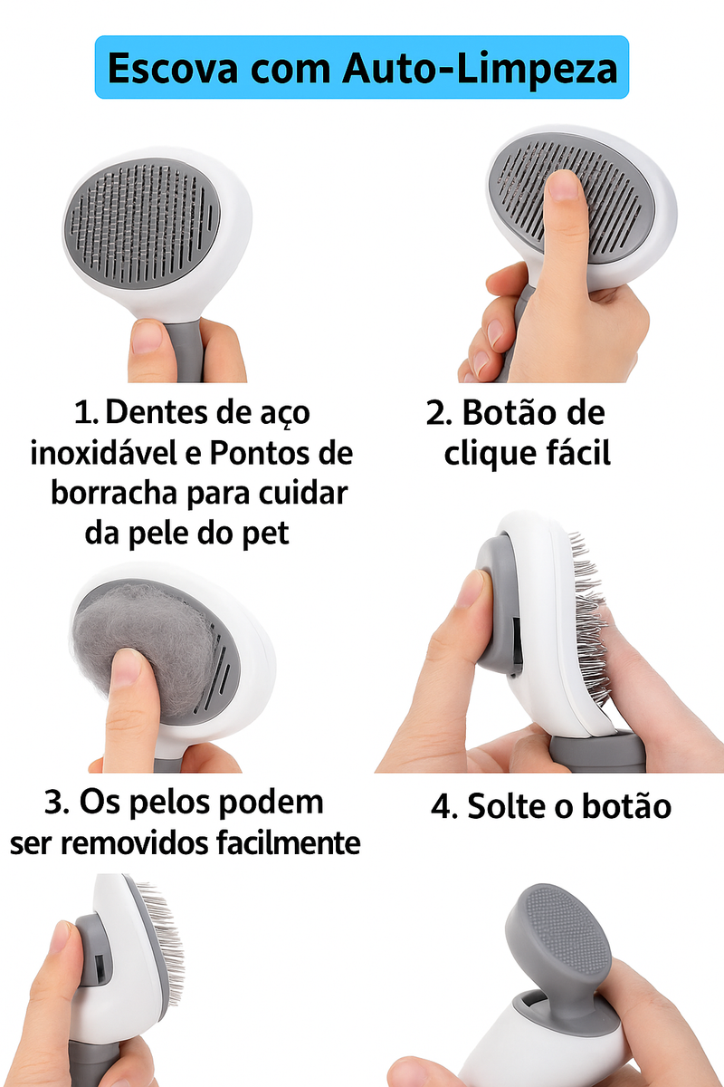 Escova Removedora de Pelos com Auto-Limpeza para Pets